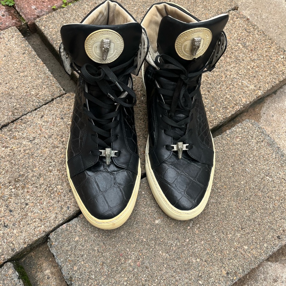Mauri Alligator Leather Black Croc-Texture High-Top Sneakers with Cream Sole